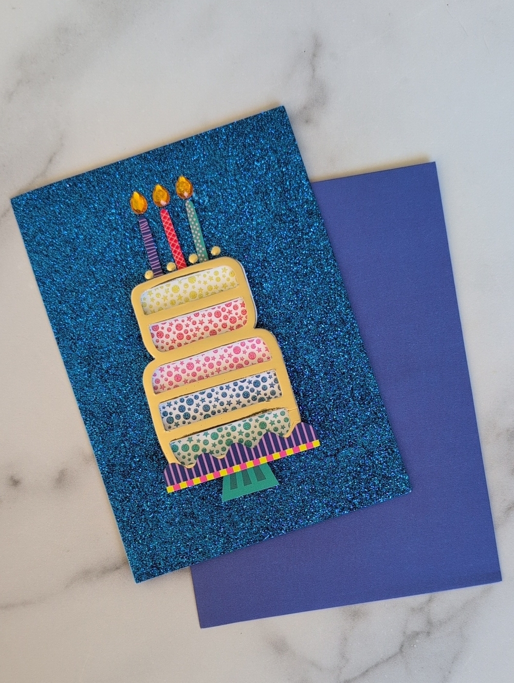 Blue Glitter Birthday Card with Layered Cake Design